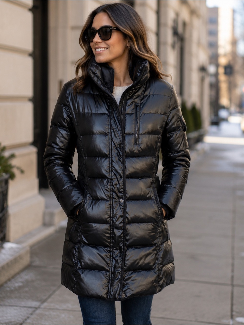 BCBGMaxAzria Carla Feather Filled Puffer Coat Women’s Small Black High Collar